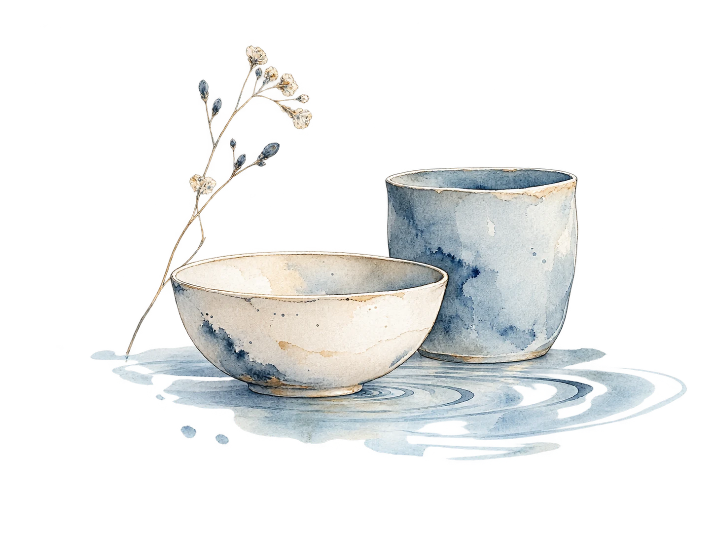 Acquerello di due ceramiche attraversate da leggere tracce d’acqua